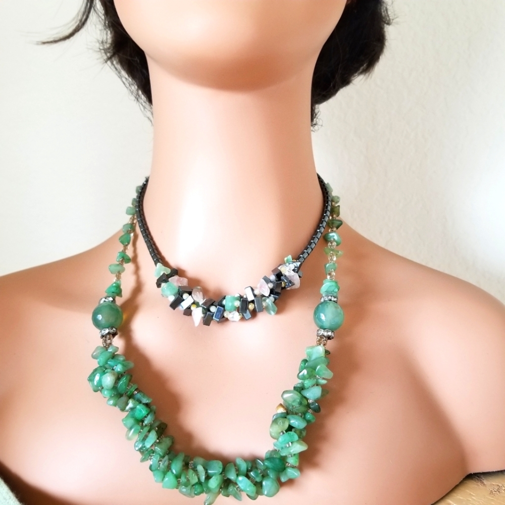 Parcel of 3 Natural Stone Green Adventurine, Hematite & Silver Tone Necklaces